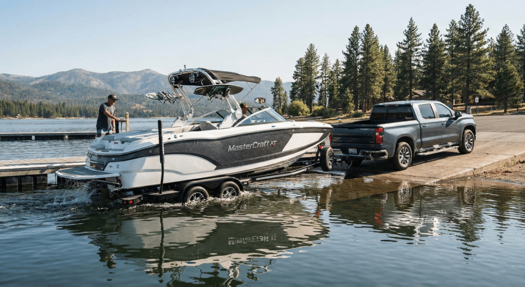 Boat on trailer being launched at boat ramp